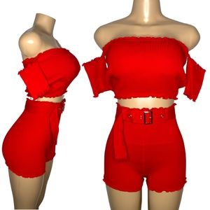 True Red Outfit for Women Size S High Waist Short with belt and off shoulder top